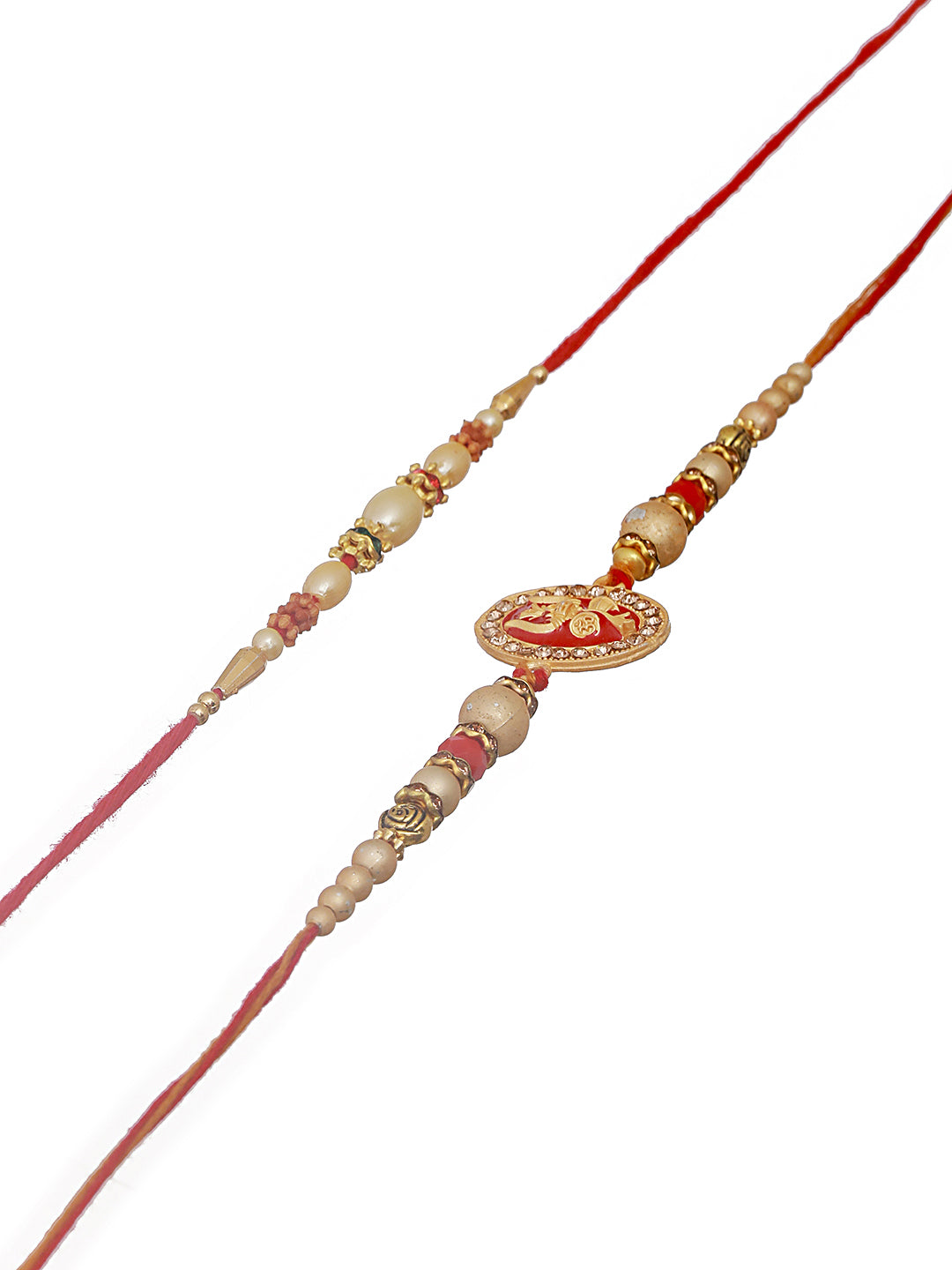 Jazz And Sizzle Set Of 2 Trishul Enameled & Faux Pearl Beaded Rakhi With Roli Chawal
