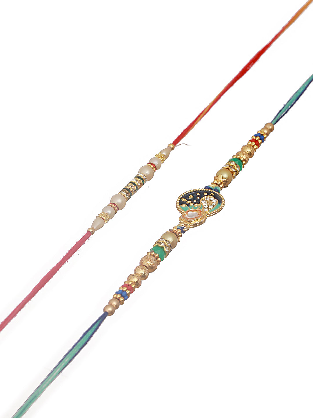 Set Of 2 Enameled & Faux Pearl Beaded Designer Thread Rakhi With Roli Chawal