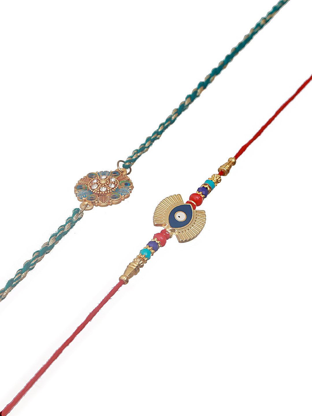 Set Of 2 Gold-Toned Evil Eye & Leaf Meena Work Designer Rakhi With Roli Chawal