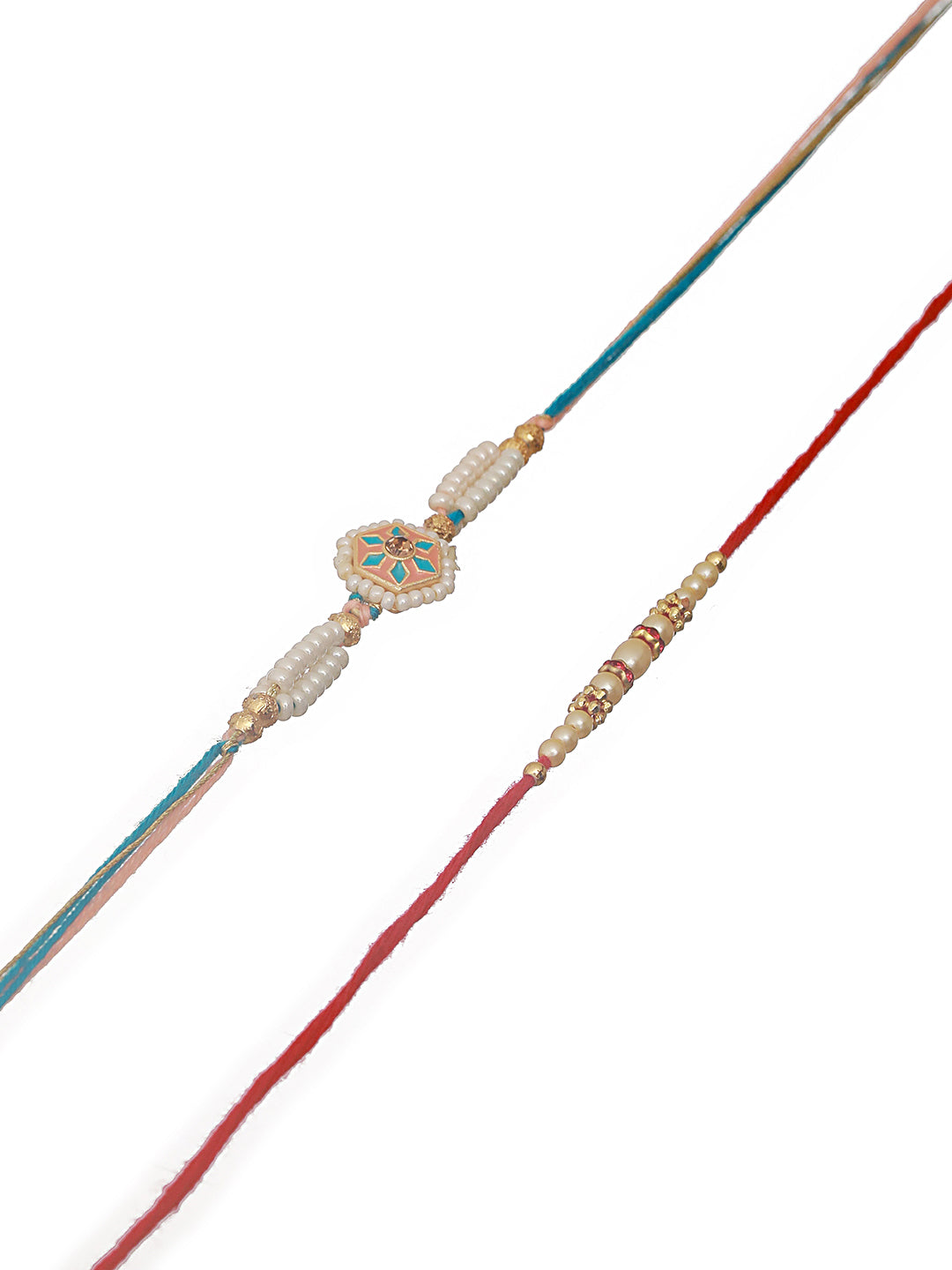 Jazz And Sizzle Set Of 2 White Faux Pearls Beaded & Enameled Thread Rakhi