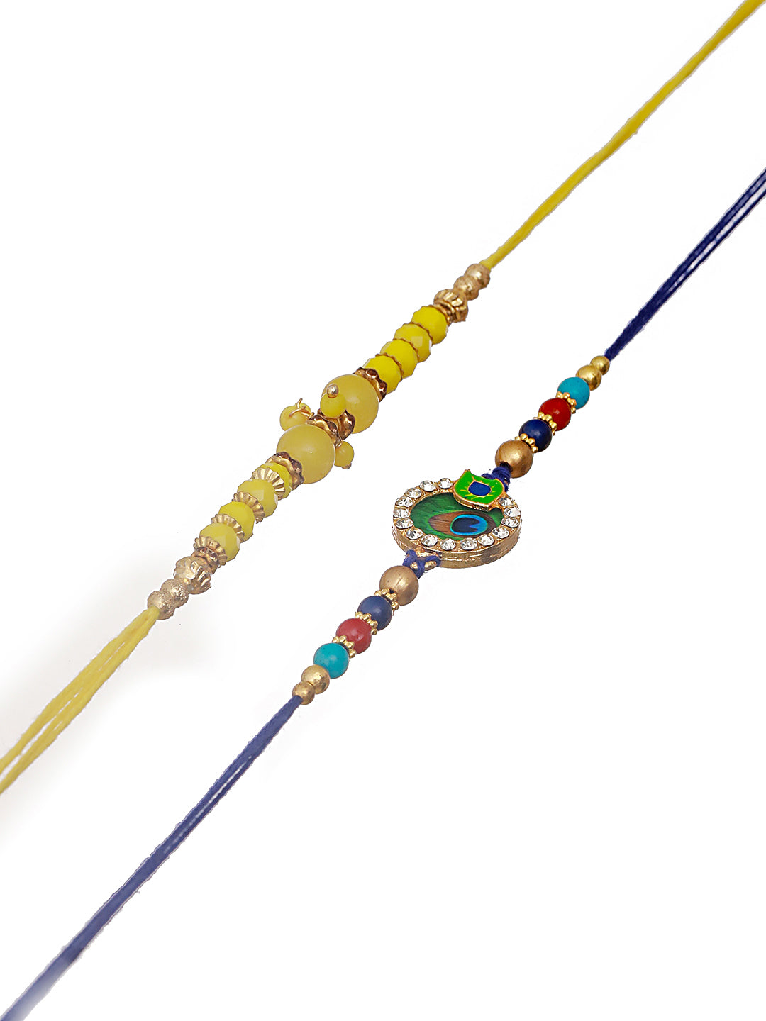 Set Of 2 Yellow Pearl Beaded & Blue Morpankh Enameled Designer Rakhi With Roli Chawal