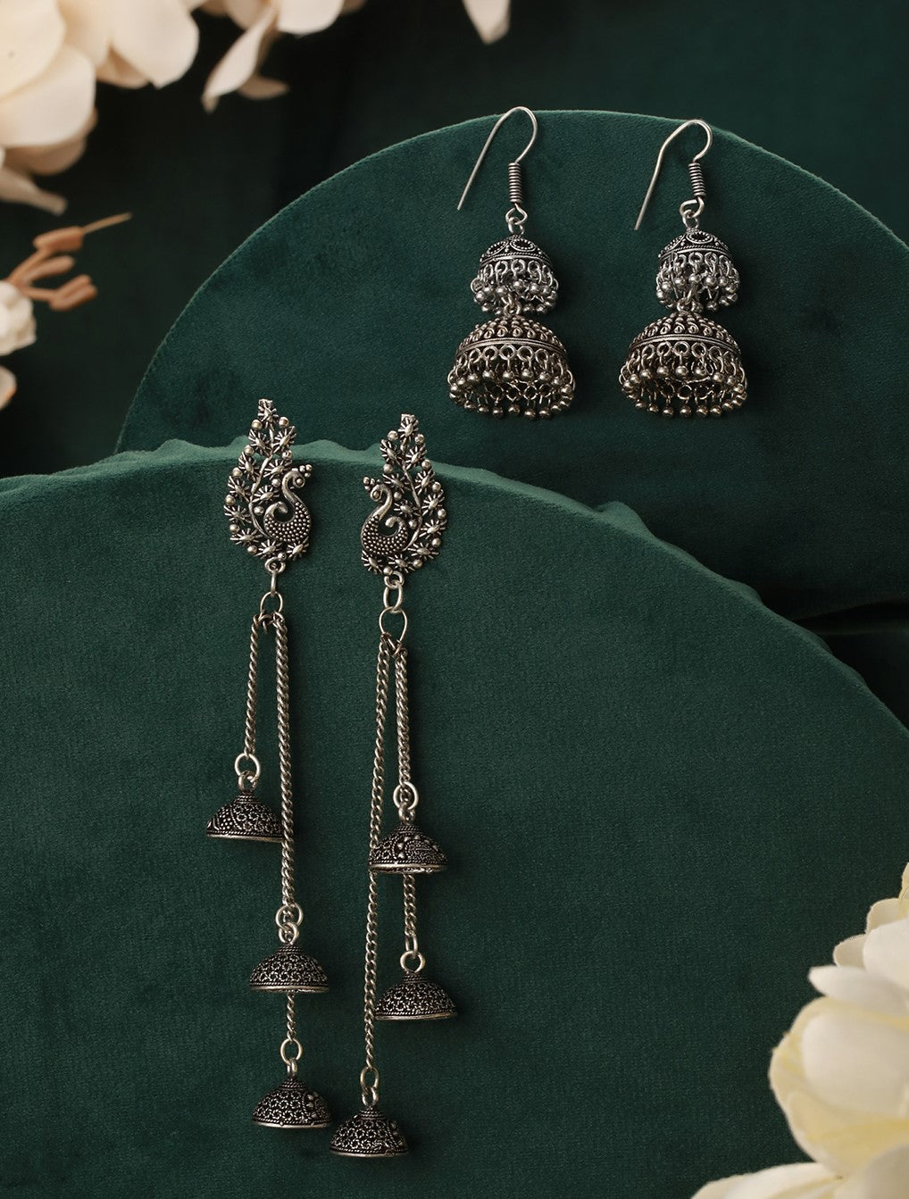 Set Of 2 Silver Plated Peacock Shaped Jhumka Earrings - Jazzandsizzle