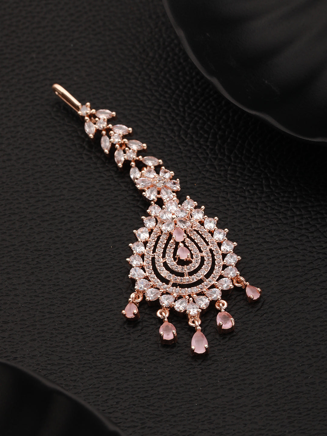 Rose Gold-Plated White CZ & Pink AD-Studded Handcrafted Maang Tikka - Jazzandsizzle