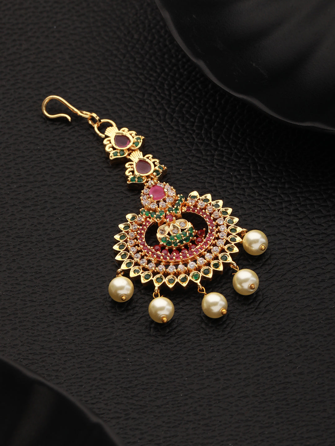 24K Gold-Plated Red & Green Stone-Studded & White AD Studded Temple Maangtika - Jazzandsizzle