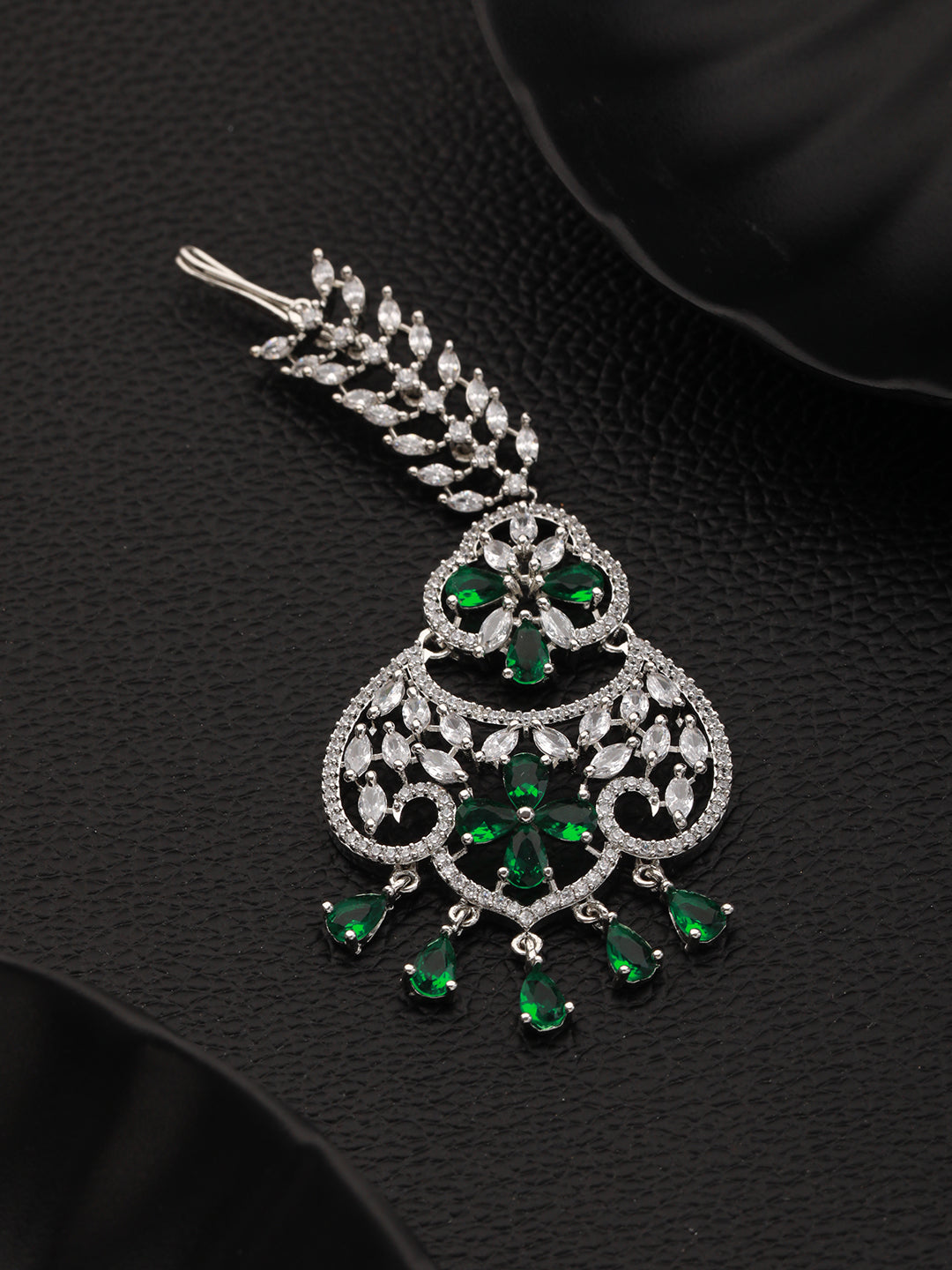 Silver-Plated & Green American Diamond & White CZ-Studded Handcrafted Maang Tikka - Jazzandsizzle