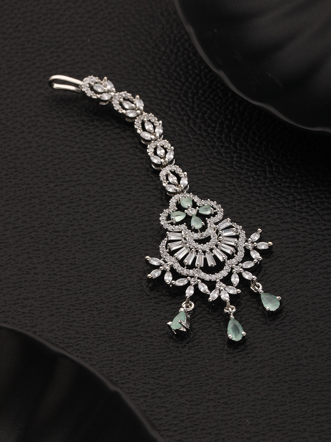 Rhodium-Plated Green & White AD Studded Maang Tikka - Jazzandsizzle