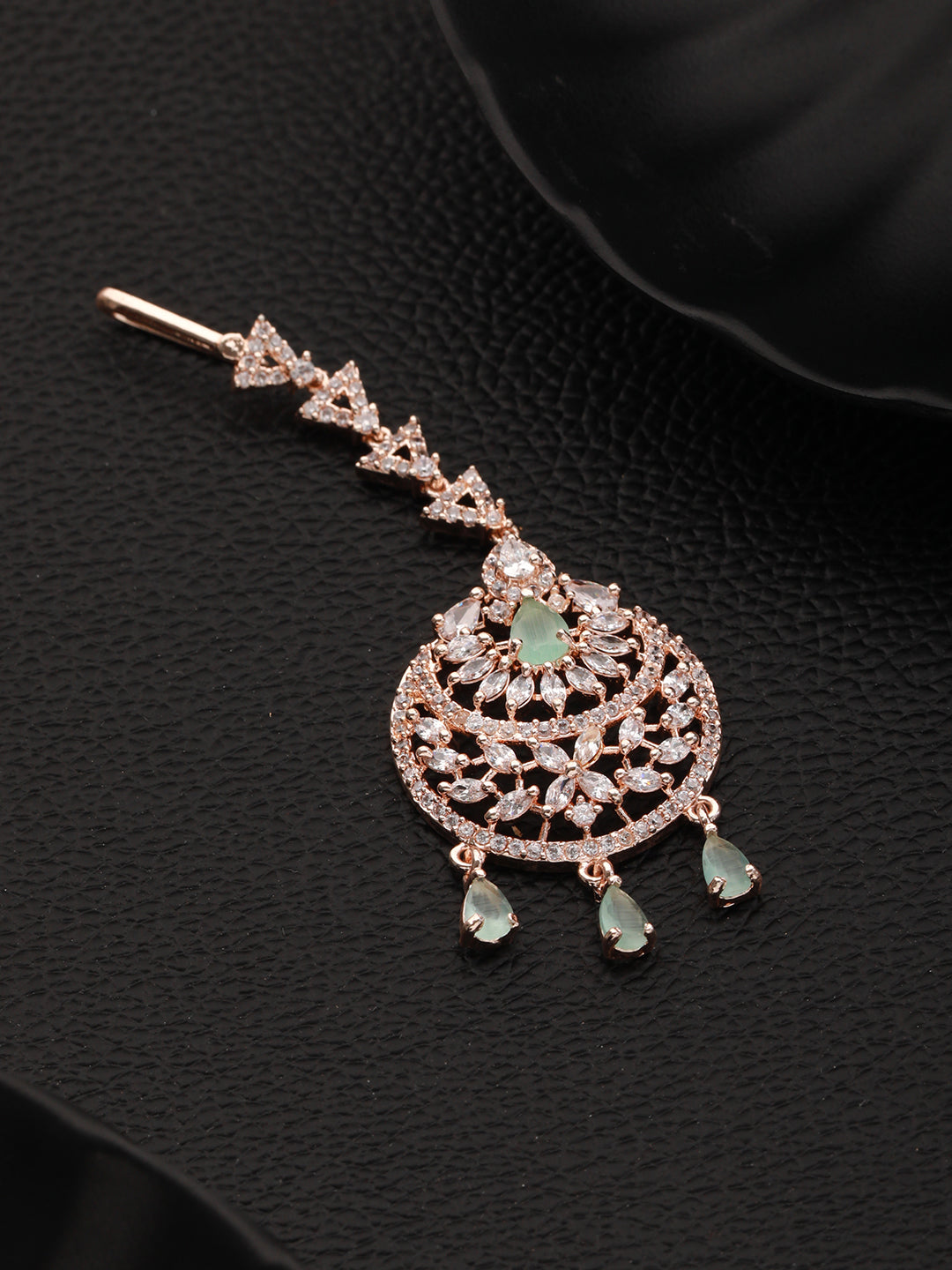 Rose Gold-Plated Green & White AD-Studded Handcrafted Maang Tikka - Jazzandsizzle