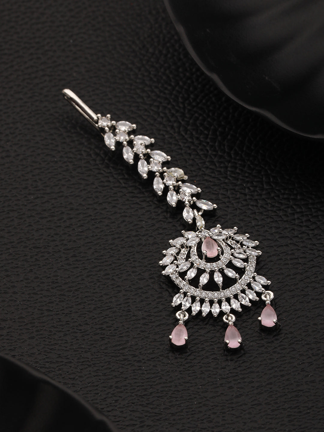 Rhodium-Plated Pink & White AD Studded Maang Tikka - Jazzandsizzle