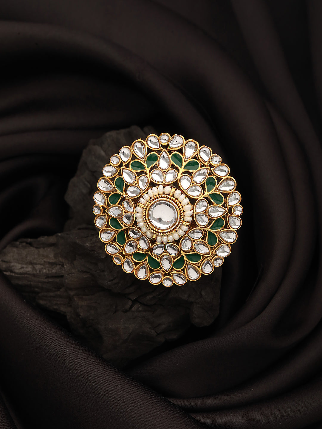 Gold-Plated White & Green Kundan-Studded Adjustable Finger Rings - Jazzandsizzle