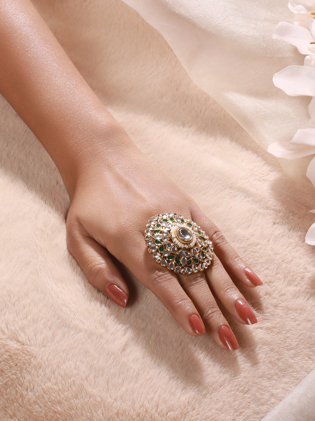 Gold-Plated White & Green Kundan-Studded Adjustable Finger Rings - Jazzandsizzle