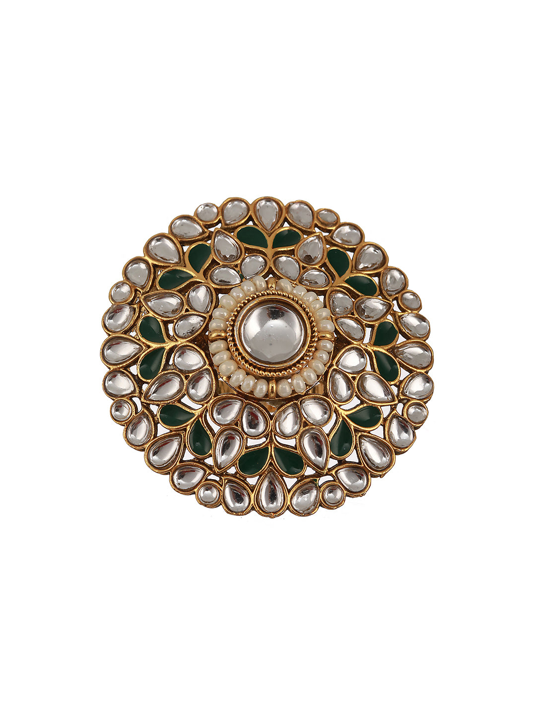 Gold-Plated White & Green Kundan-Studded Adjustable Finger Rings - Jazzandsizzle