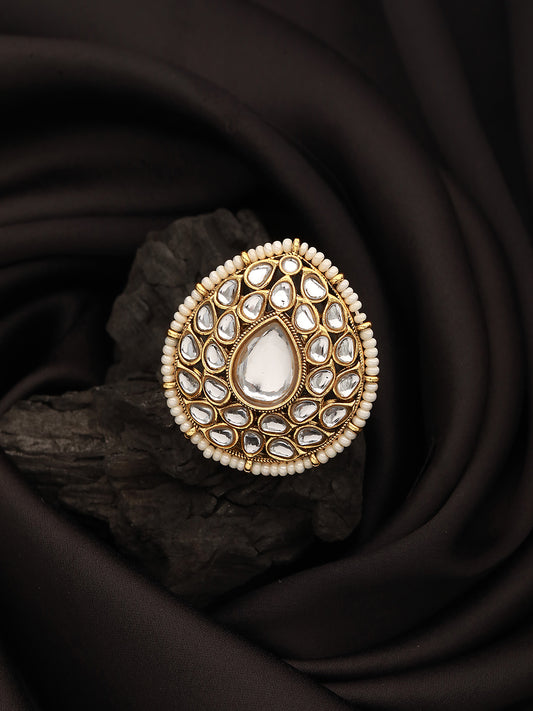 Gold-Plated White Kundan Studded & Pearl Embellished Adjustable Finger Ring - Jazzandsizzle