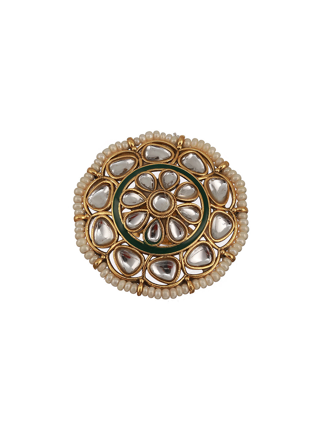 Gold-Plated White Kundan Studded & Pearl Beaded Adjustable Finger Ring - Jazzandsizzle