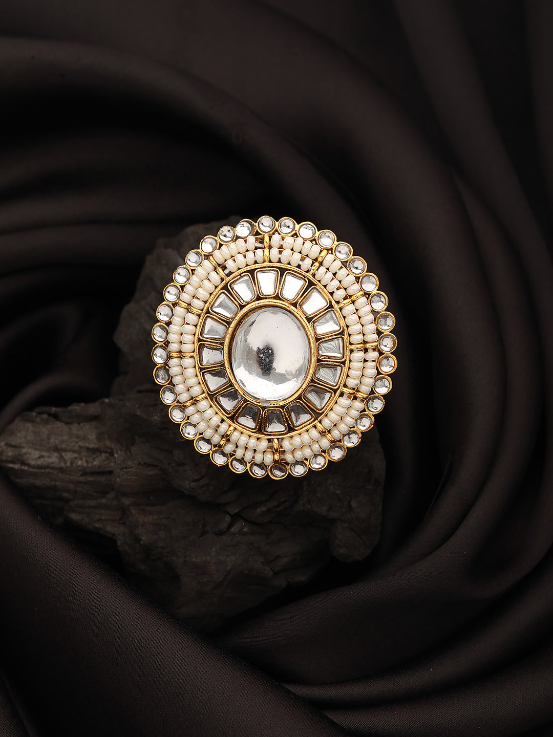 Gold-Plated White Kundan Studded & Pearl Embellished Adjustable Finger Ring - Jazzandsizzle