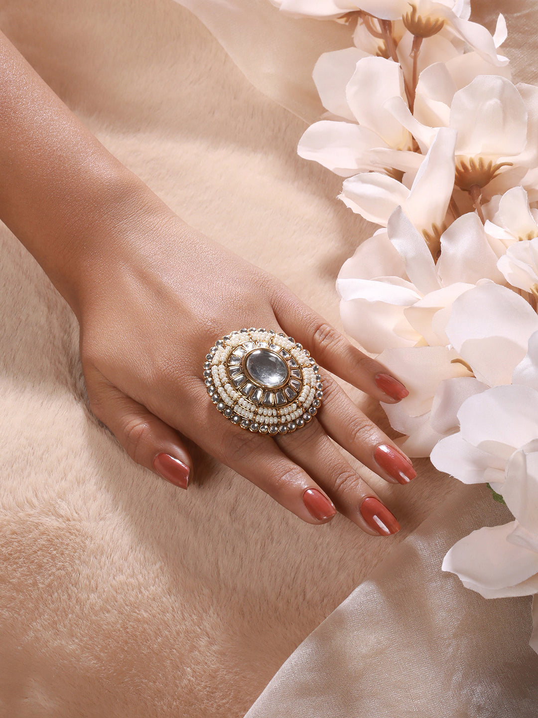 Gold-Plated White Kundan Studded & Pearl Embellished Adjustable Finger Ring - Jazzandsizzle