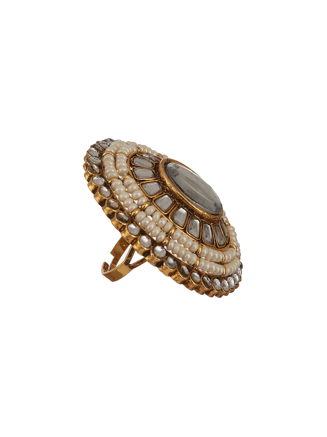 Gold-Plated White Kundan Studded & Pearl Embellished Adjustable Finger Ring - Jazzandsizzle