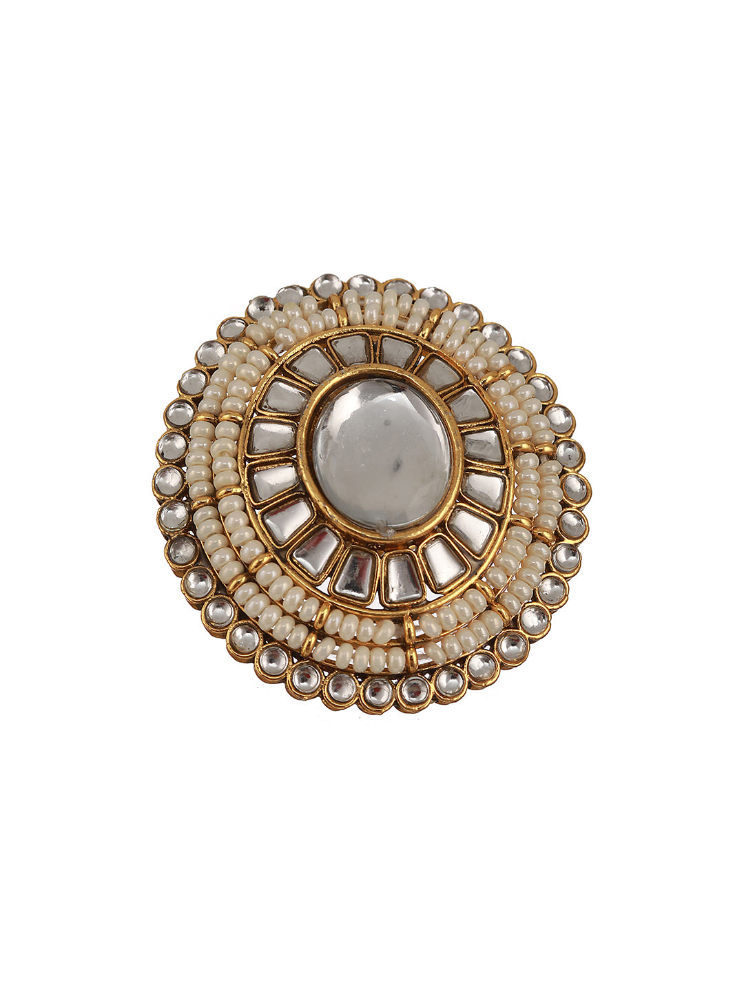 Gold-Plated White Kundan Studded & Pearl Embellished Adjustable Finger Ring - Jazzandsizzle