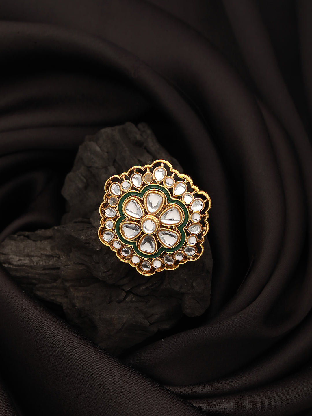 Gold-Plated White Kundan-Studded & Green Meenakari Adjustable Finger Rings - Jazzandsizzle