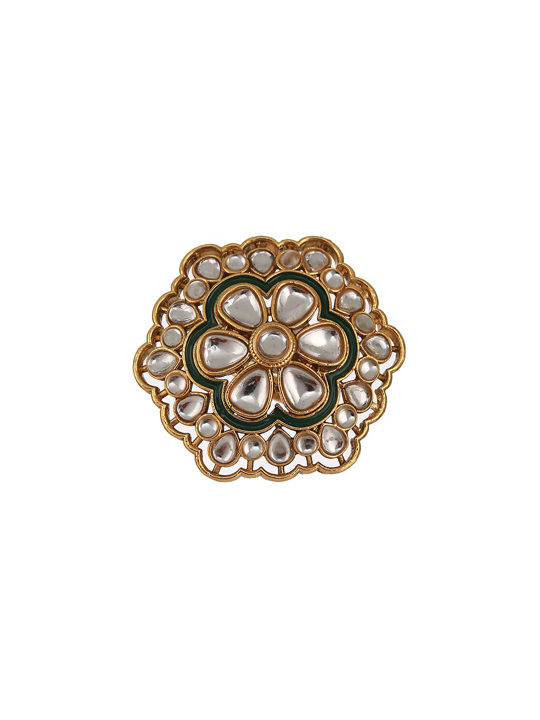 Gold-Plated White Kundan-Studded & Green Meenakari Adjustable Finger Rings - Jazzandsizzle