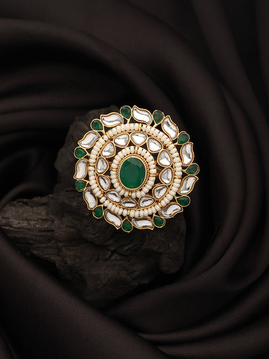 Gold-Plated White & Green Kundan-Studded & Pearl Beaded Adjustable Finger Rings - Jazzandsizzle