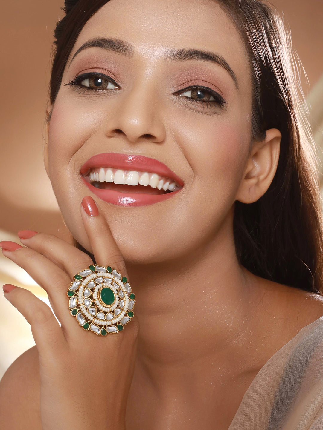 Gold-Plated White & Green Kundan-Studded & Pearl Beaded Adjustable Finger Rings - Jazzandsizzle