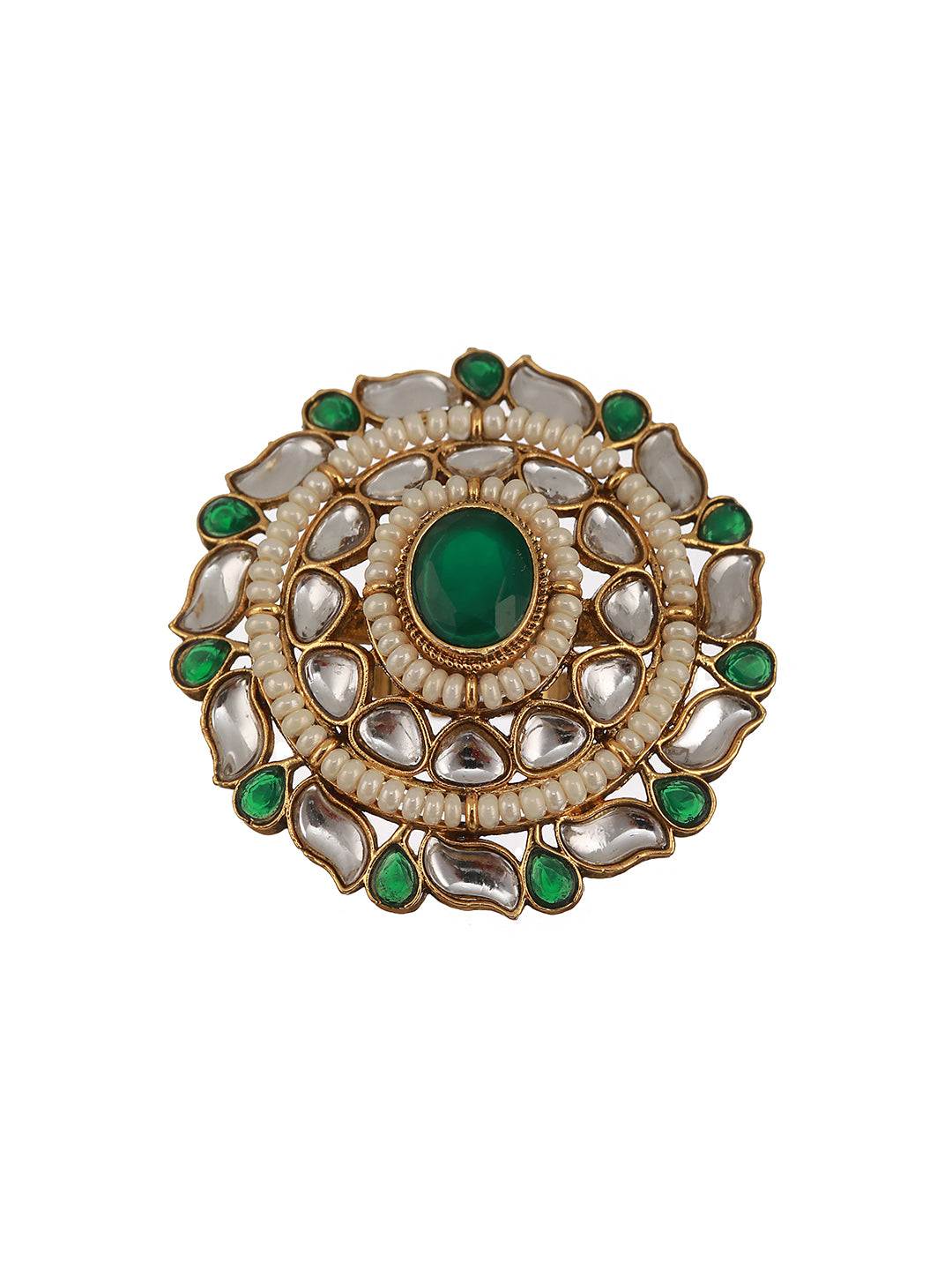 Gold-Plated White & Green Kundan-Studded & Pearl Beaded Adjustable Finger Rings - Jazzandsizzle