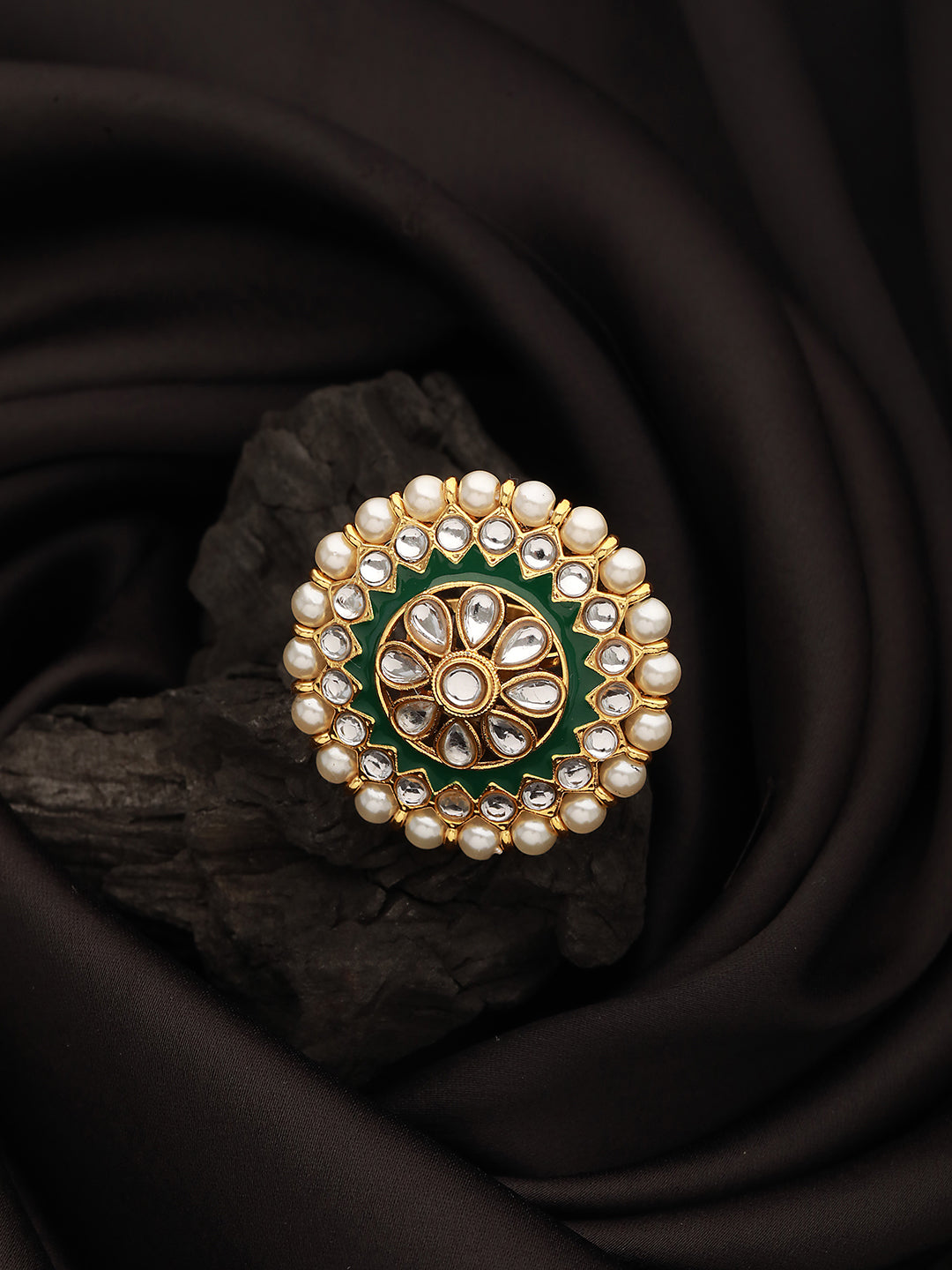 Gold-Plated White Kundan Studded & Pearl Beaded Green Meenakari Adjustable Finger Ring - Jazzandsizzle