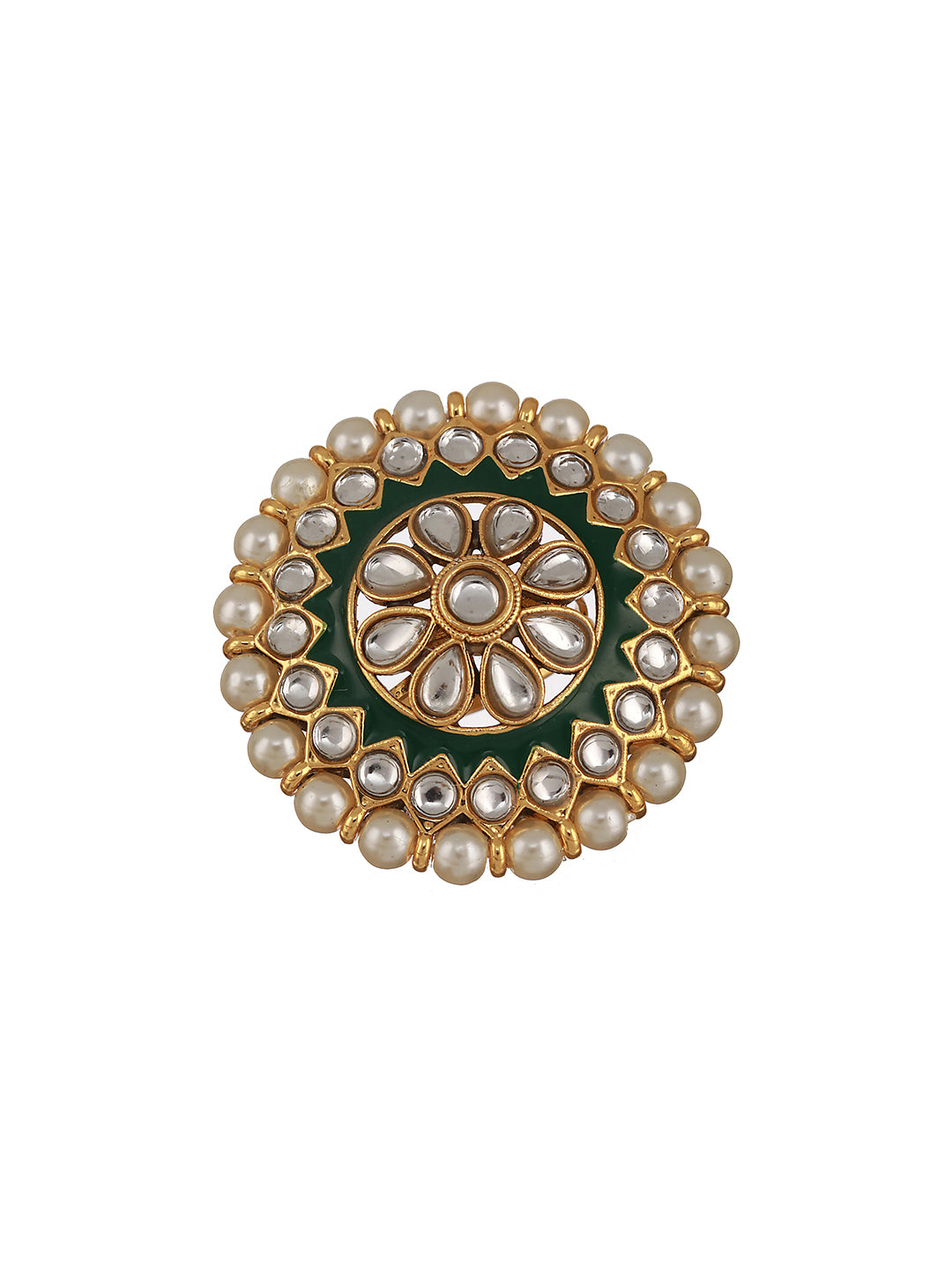 Gold-Plated White Kundan Studded & Pearl Beaded Green Meenakari Adjustable Finger Ring - Jazzandsizzle