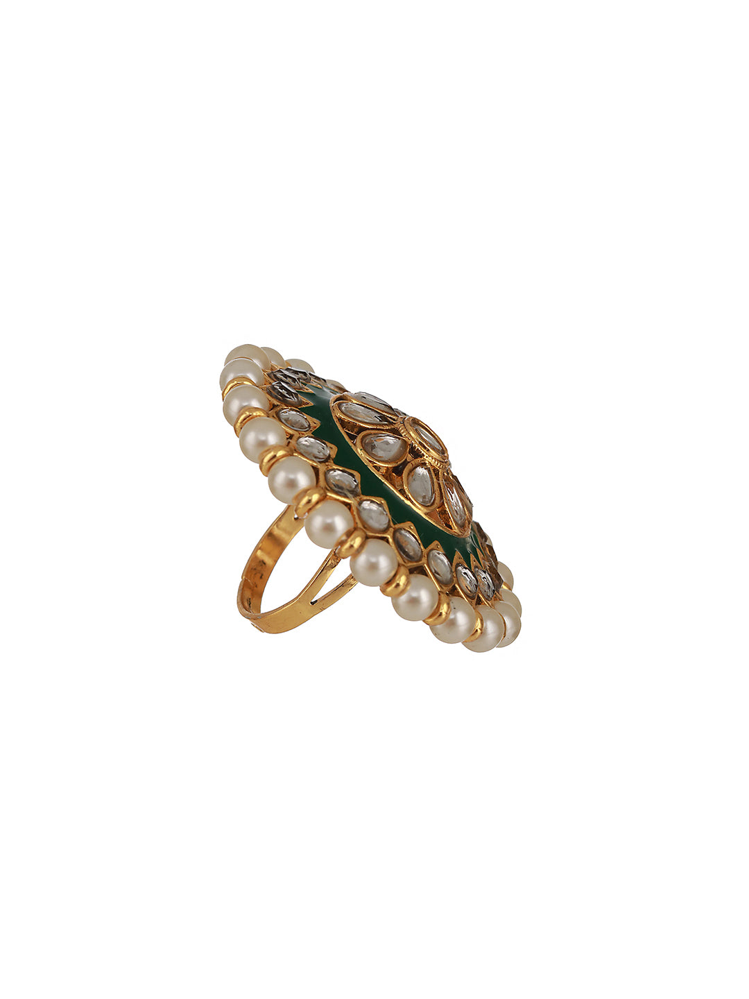 Gold-Plated White Kundan Studded & Pearl Beaded Green Meenakari Adjustable Finger Ring - Jazzandsizzle