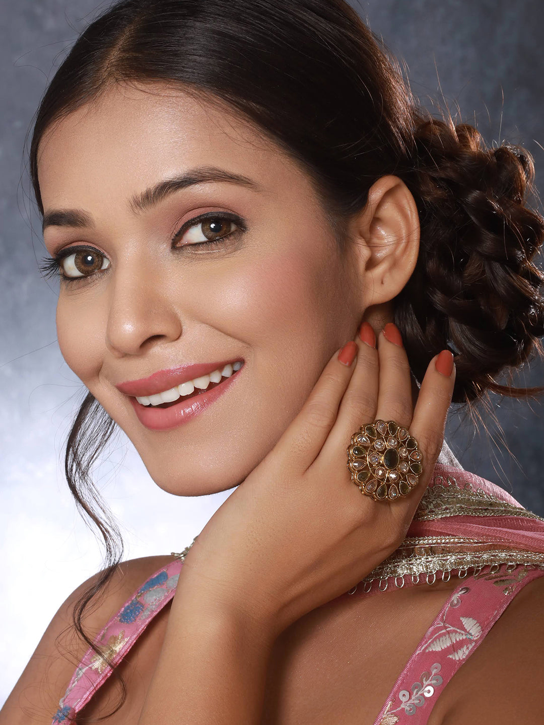 Gold-Plated Green & White Kundan-Studded Adjustable Finger Rings - Jazzandsizzle