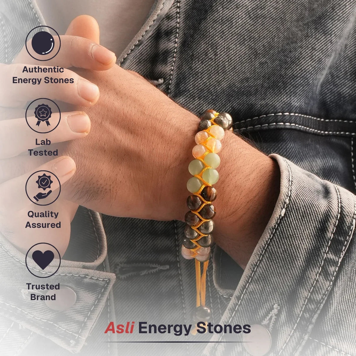 Money Magnet Double Fusion Tie-Up Band with Pyrite, Tiger Eye, Citrine & Aventurine Beads-JS-SBR-039