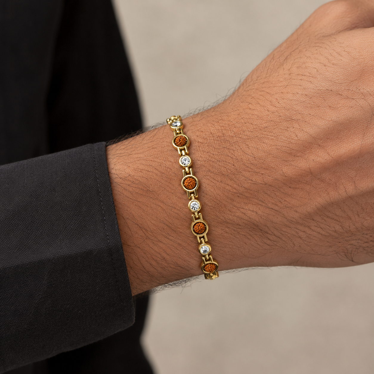 Gold-Toned Rudraksha & Stone Studded Bracelet for Men-JS-SBR-032