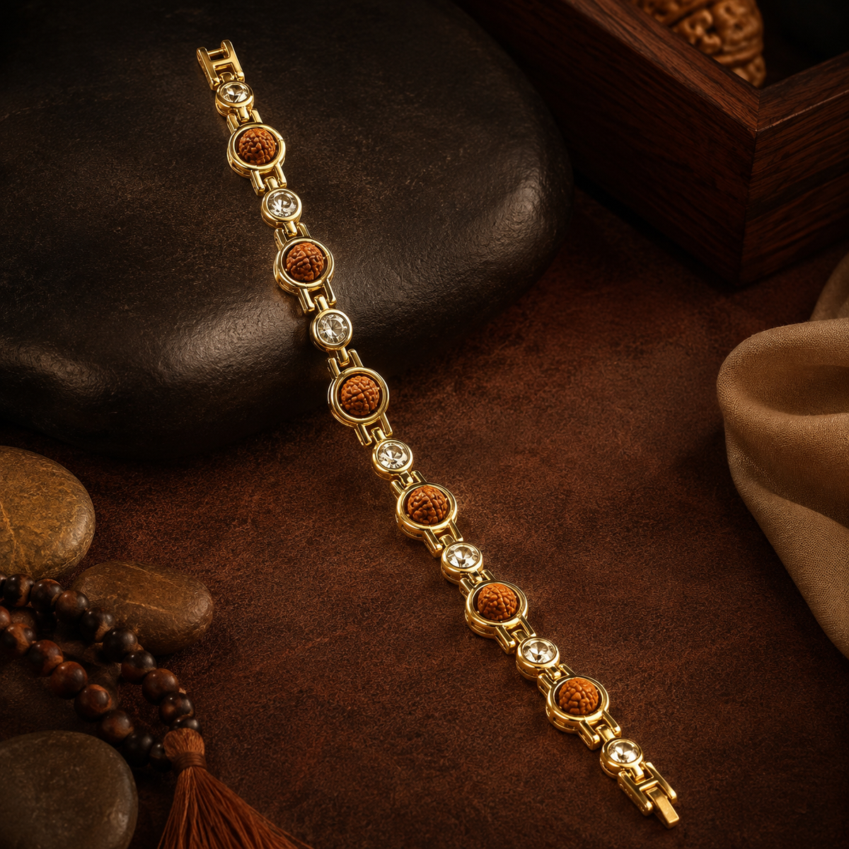 Gold-Toned Rudraksha & Stone Studded Bracelet for Men-JS-SBR-032