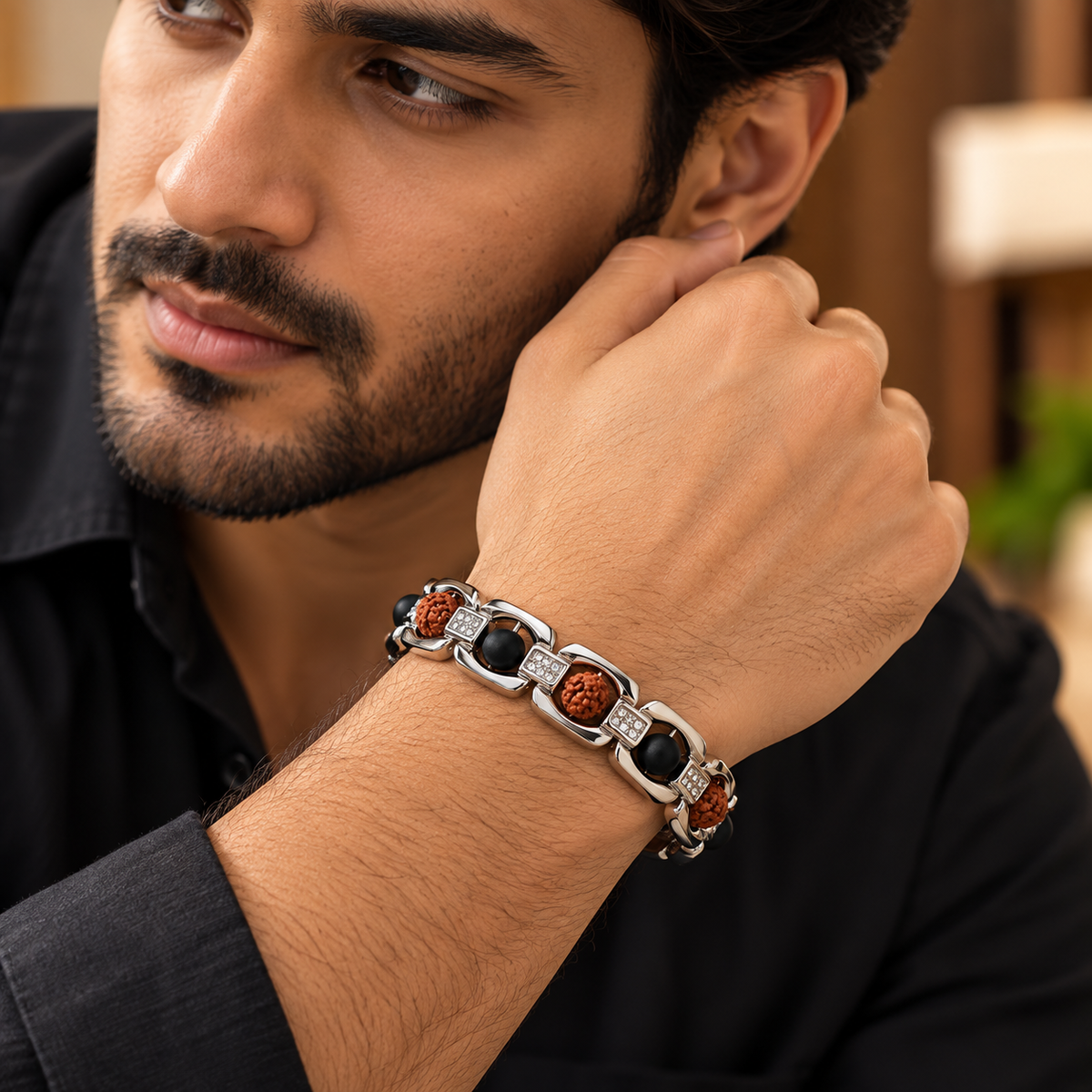 Silver Plated Essential Rudraksha Karungali Bracelet- JS-SBR-037