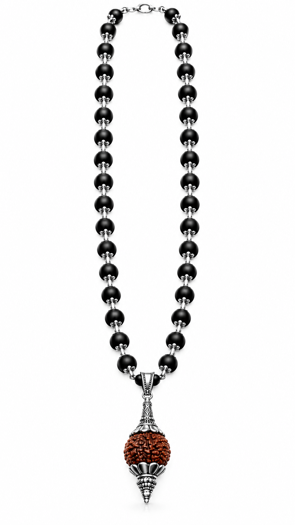 Original Karungali Wood & Rudraksha Beads Silver-Tone Pendant Mala- js-snl-035
