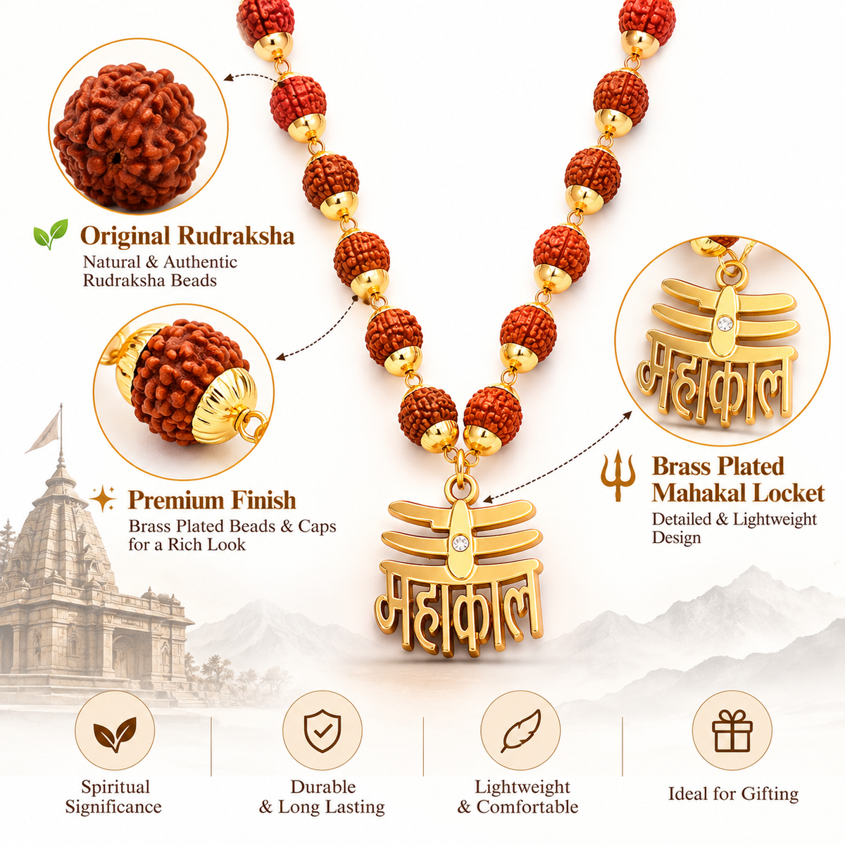 Original Rudraksha Mala with Brass Plated Mahakal Locket for Men- JS-SNL-039