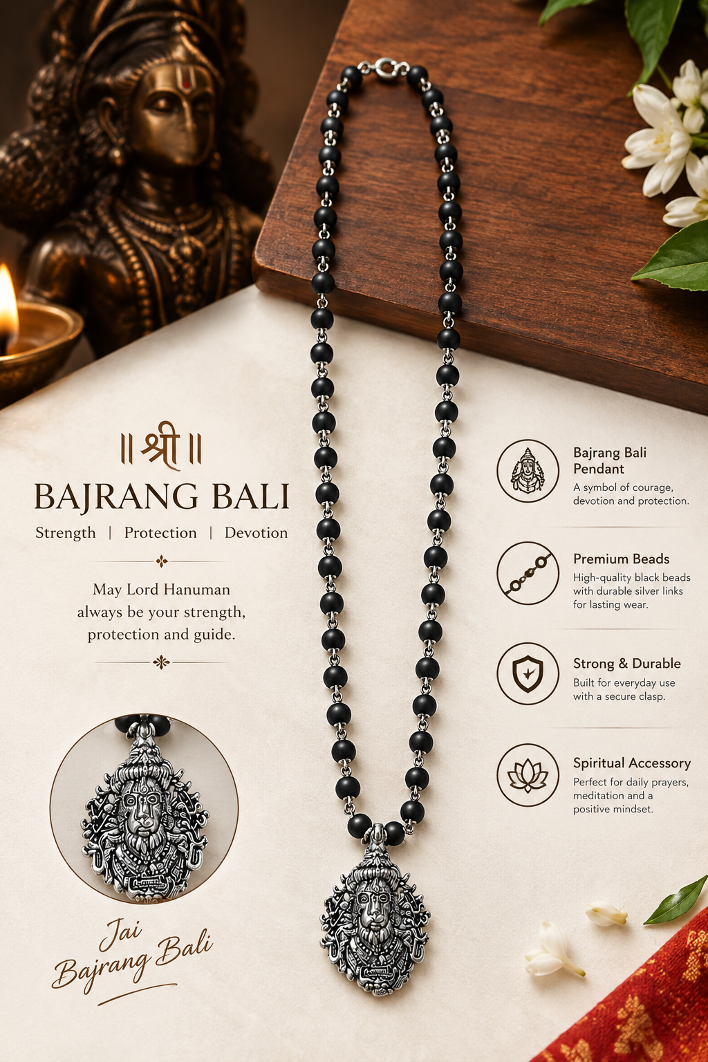 Original Karungali Mala with Bajrang Bali Hanuman Pendant- JS-SNL-046