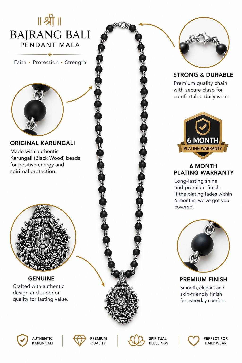 Original Karungali Mala with Bajrang Bali Hanuman Pendant- JS-SNL-046