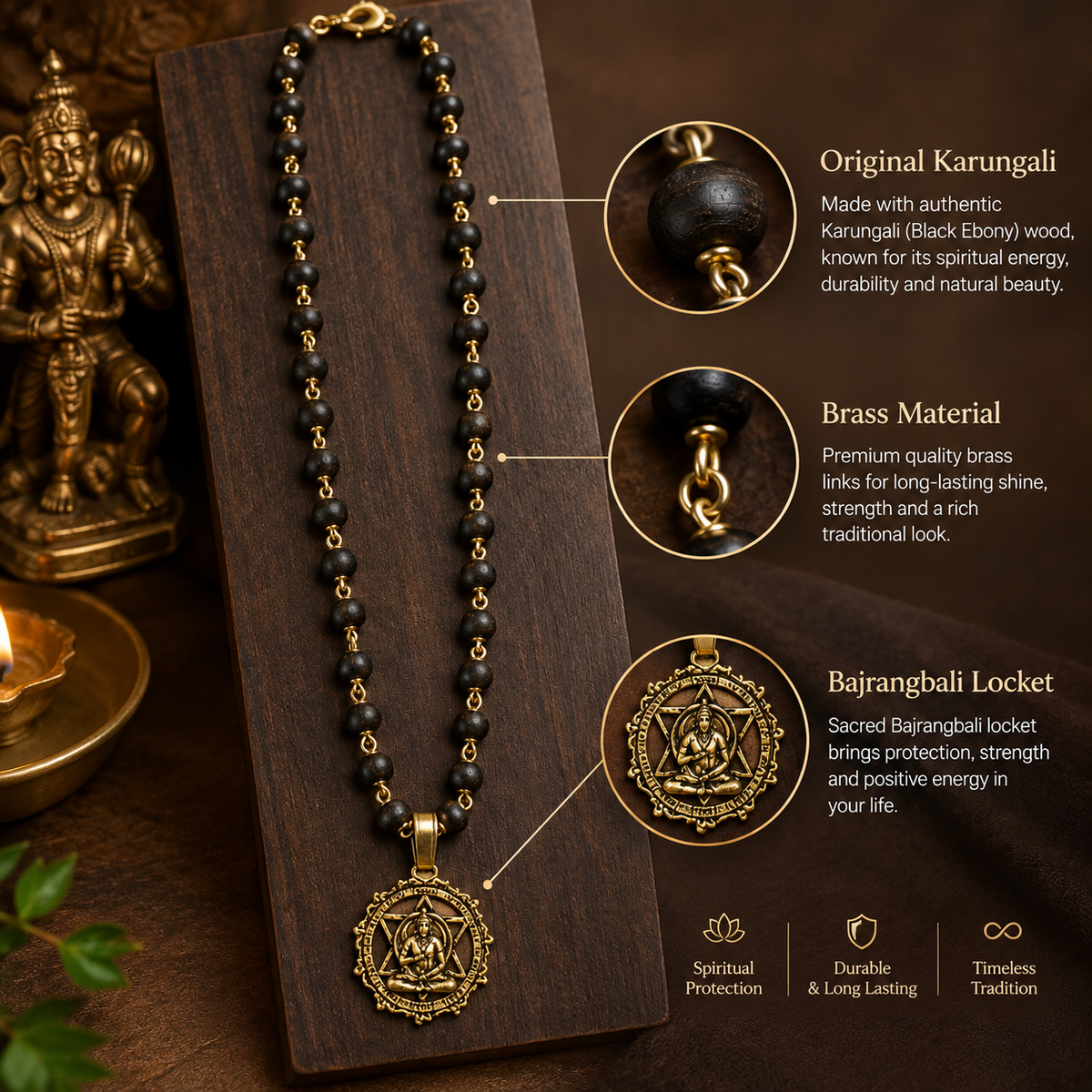 54 Beads Original Karungali Mala with Brass Bajrangbali Hanuman Locket- JS-SNL-038