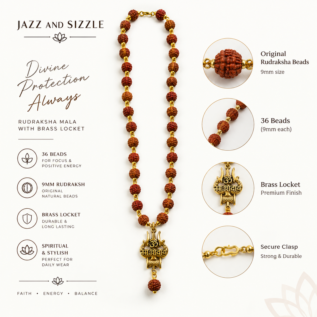 36 Beads 9mm Original Rudraksha Mala with Brass Mahadev Locket-JS-SNL-042