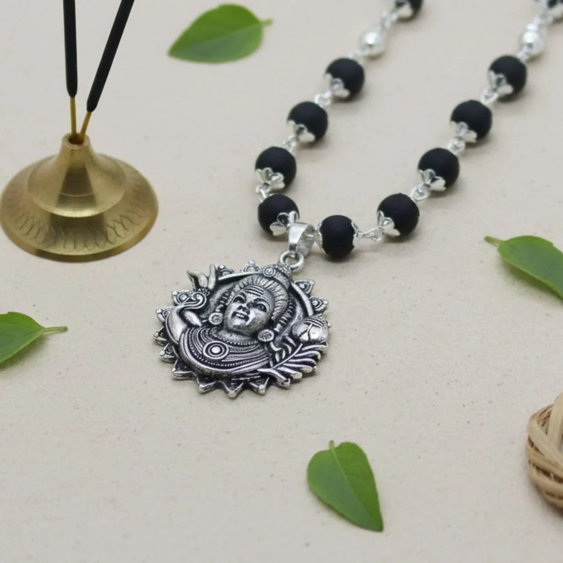 Original Karungali Mala with Silver Plated Divine Face Pendant for Men & WomenJS-SNL-045