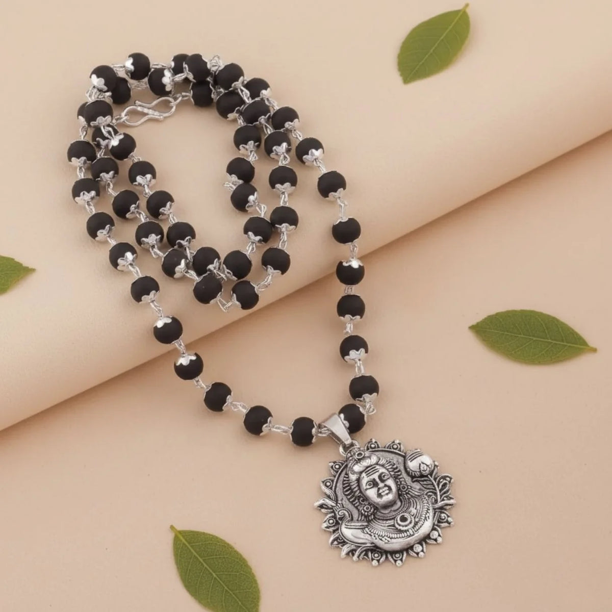 Original Karungali Mala with Silver Plated Divine Face Pendant for Men & WomenJS-SNL-045