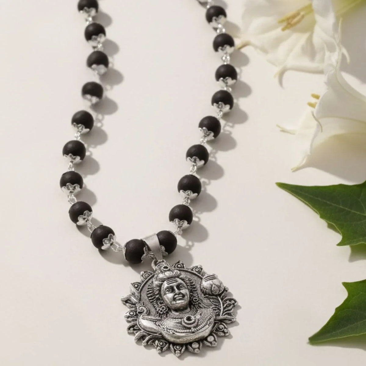 Original Karungali Mala with Silver Plated Divine Face Pendant for Men & WomenJS-SNL-045