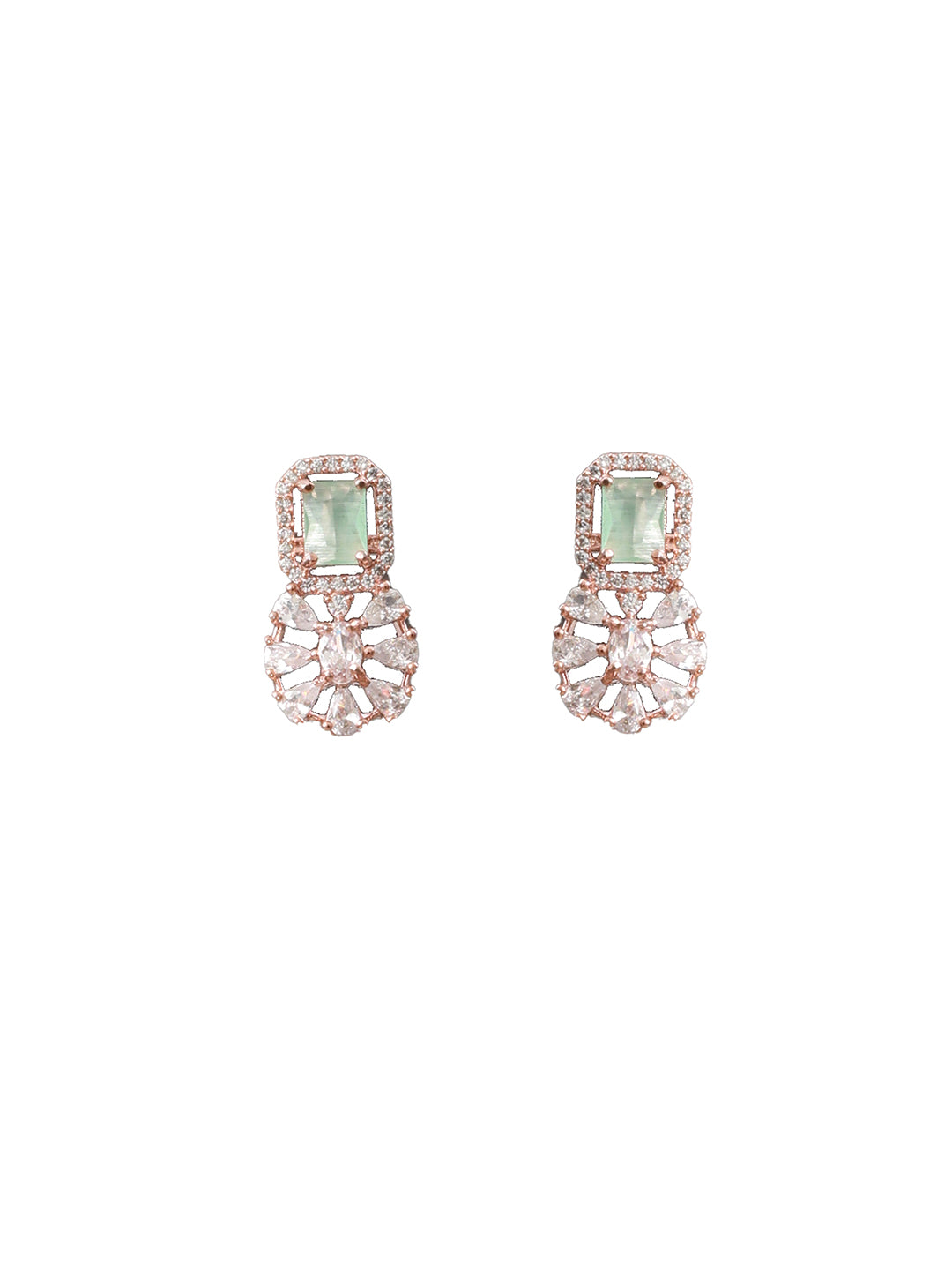 Jazz And Sizzle Rose Gold-Plated AD & Mint Green Stone Studded Earrings