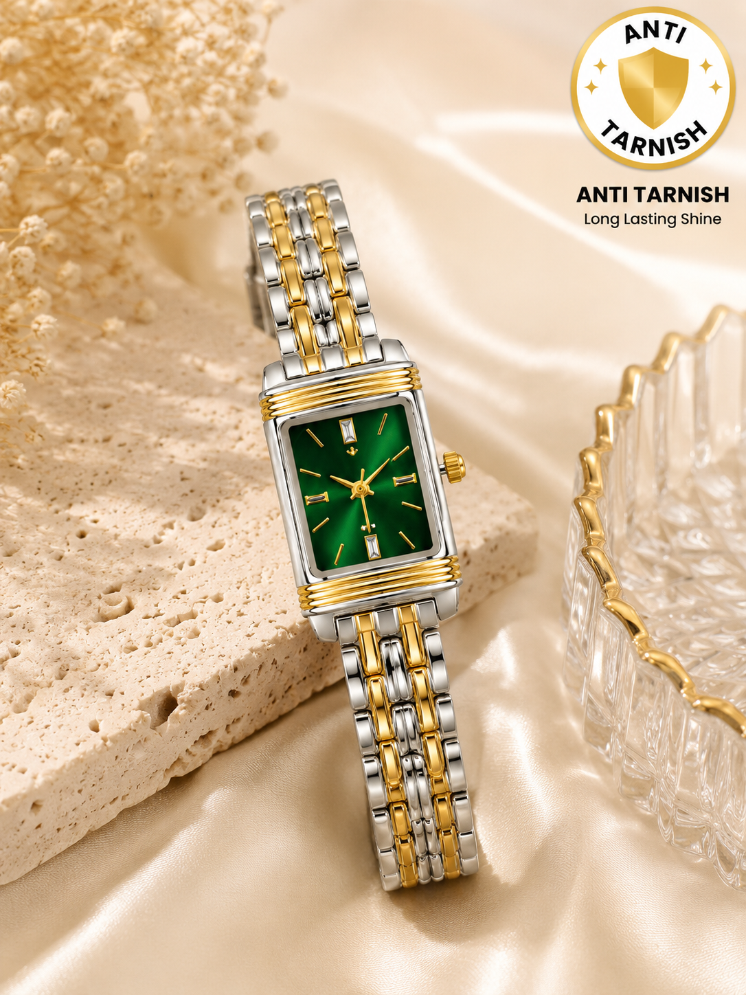 Elegant Emerald Green Dial Two-Tone Stainless Steel Women's Watch