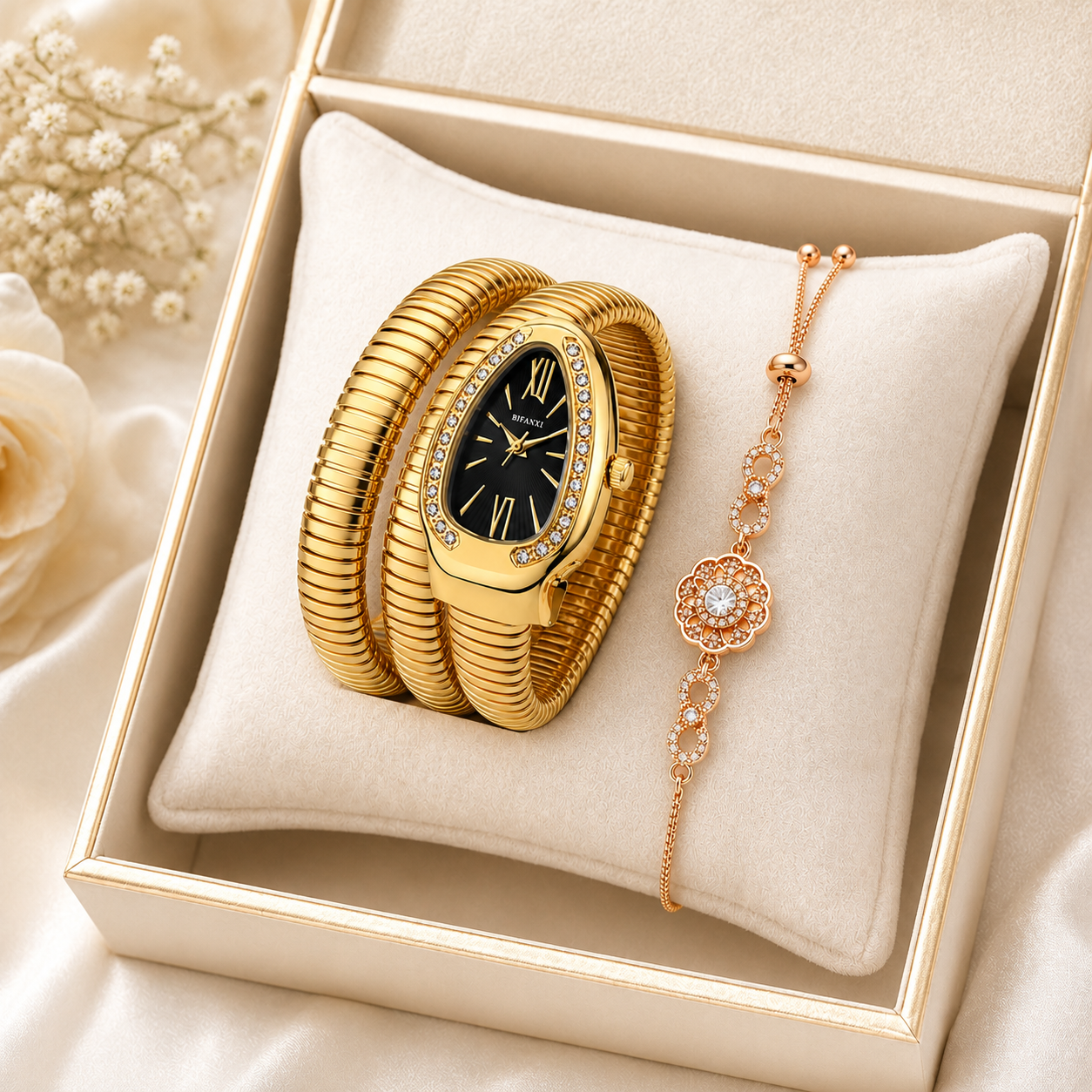 Women's Gold Spiral Watch & Rose Gold Floral Crystal Bracelet Combo-WJ-JS26-LD0027