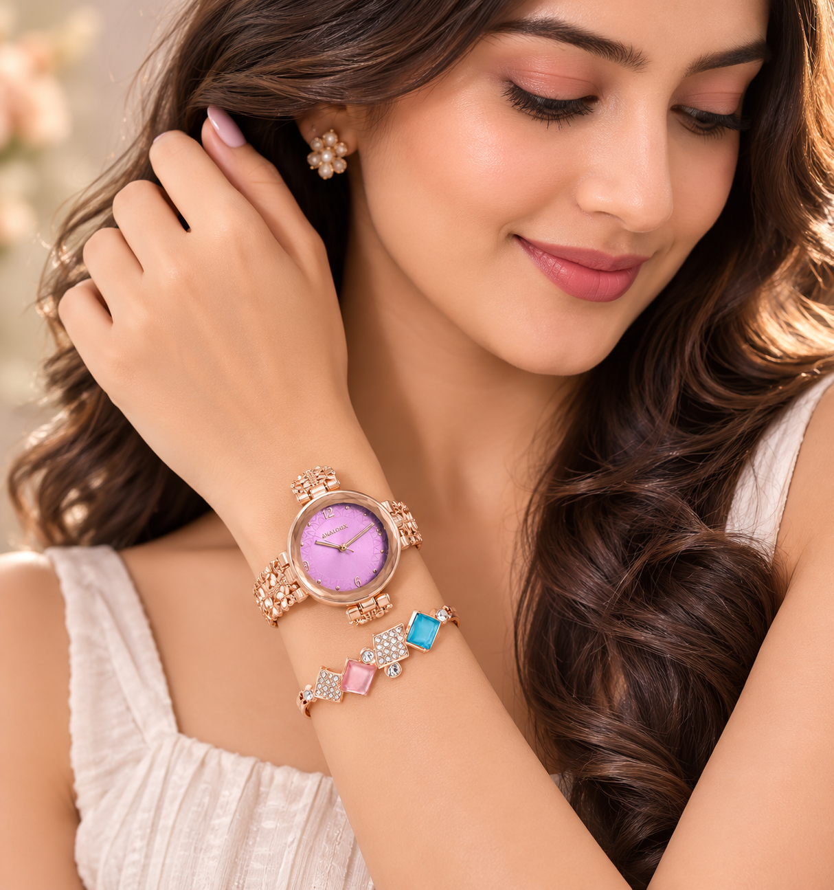 Women's Rose Gold Analog Watch & Crystal Geometric Bracelet Combo-WJ-JS26-LD0028