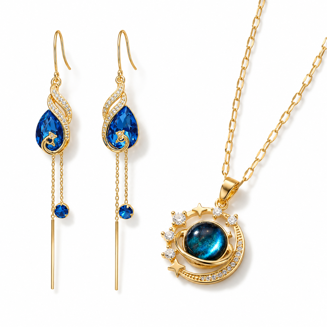 Gold-Toned Celestial Blue Stone Pendant Necklace & Long Drop Earrings Combo Set for Women-WJ-JS26-NL0183
