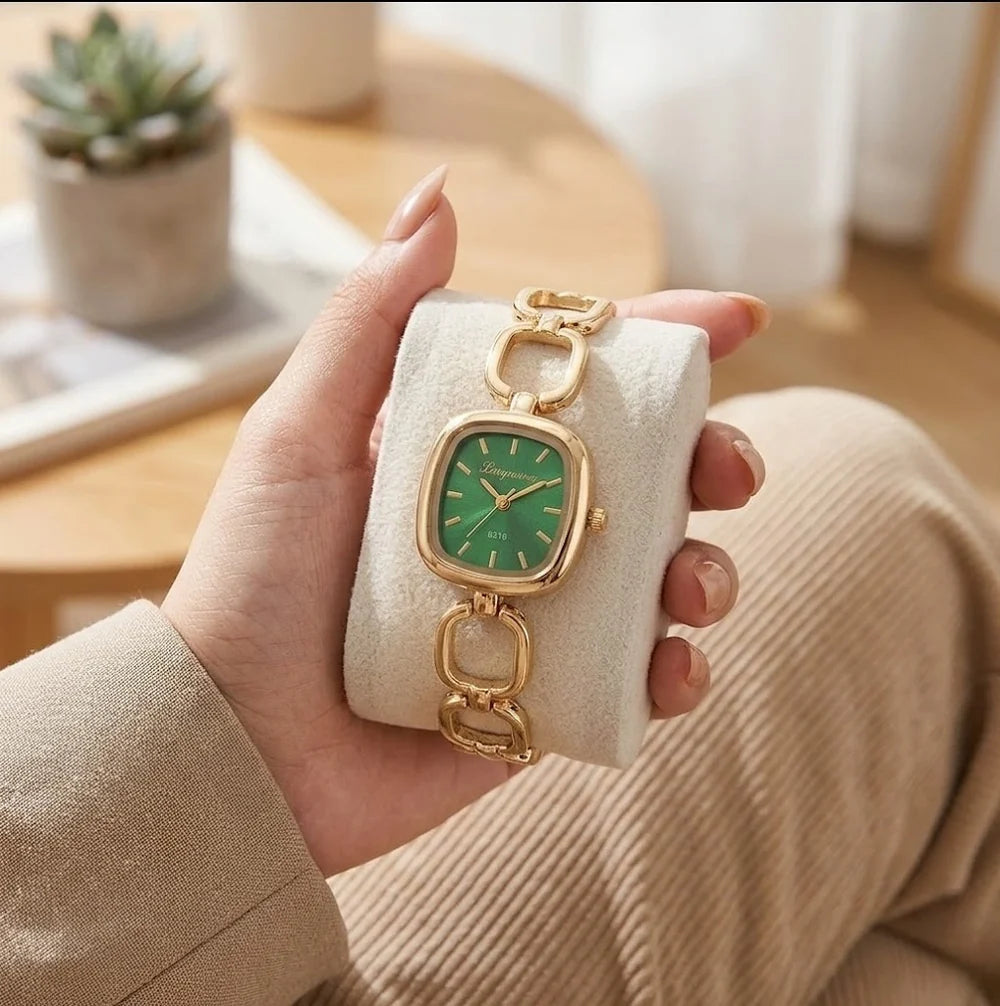 Vintage Emerald Green Dial Chain Watch - Anti-Tarnish Gold Plated