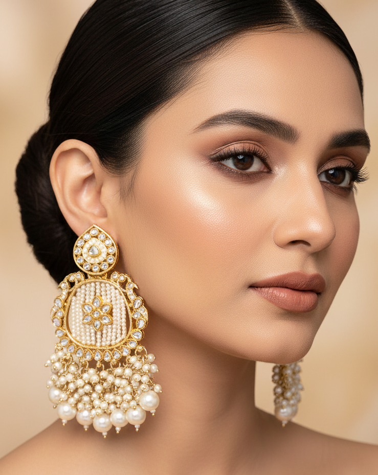 Jazz and Sizzle White Kundan Stone Studded & Pearl Beaded Chandbali Earring